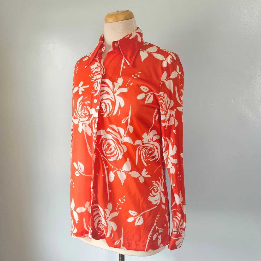 Vera Neumann Vintage 70s Orange Red White Rose Floral Dagger Collar Blouse M - Picture 2 of 8